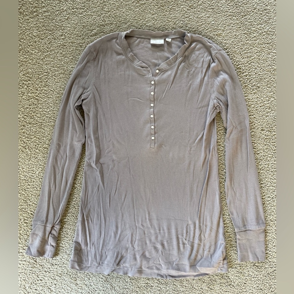 Holistia Tan Ribbed Long Sleeve Henley - Size M - Neutral Minimalist